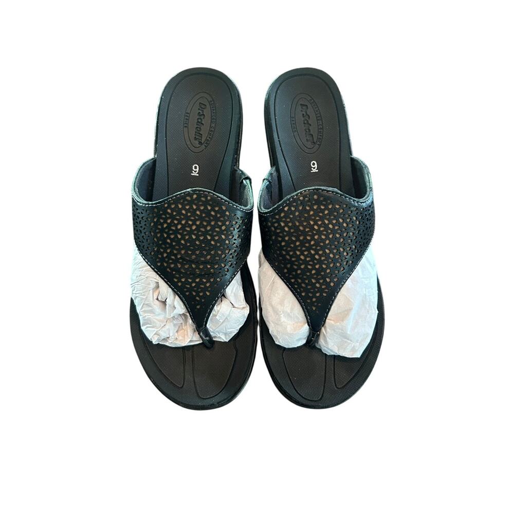 Dr‎ Scholls Cork Wedge Black Thong Sandals Cut Out Summer Spring Women's Size 9